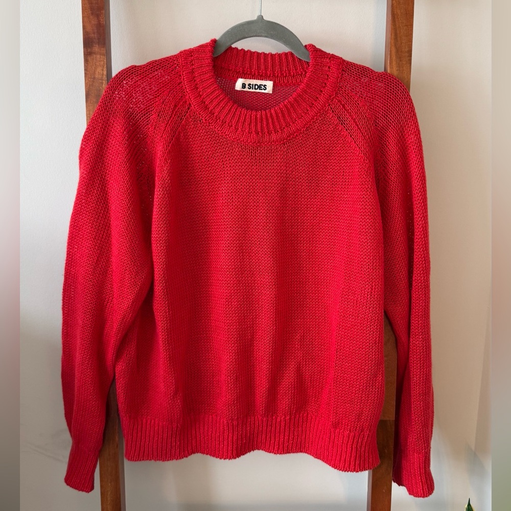 B SIDES “Lind” 100% Italian Linen Knit Red Crewneck Sweater in Geranium sz SMALL